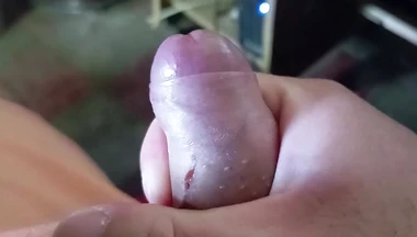 Approach to my cock with ejaculation, pulling milk