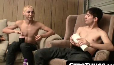 Straight guys' flashlight-assisted large dong tugging and cum blasting fest